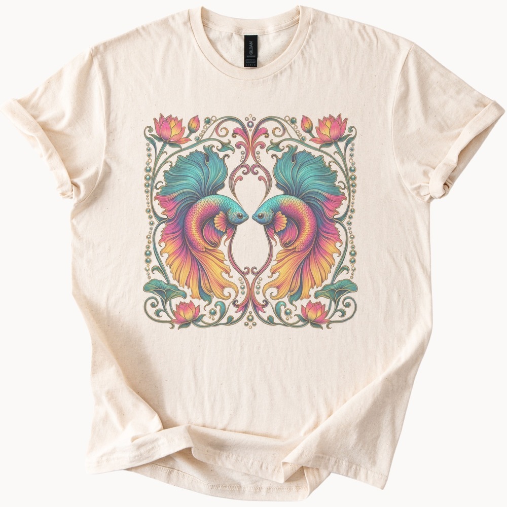 Two Betta Fish Facing in Lotus Scrollwork Border Tee